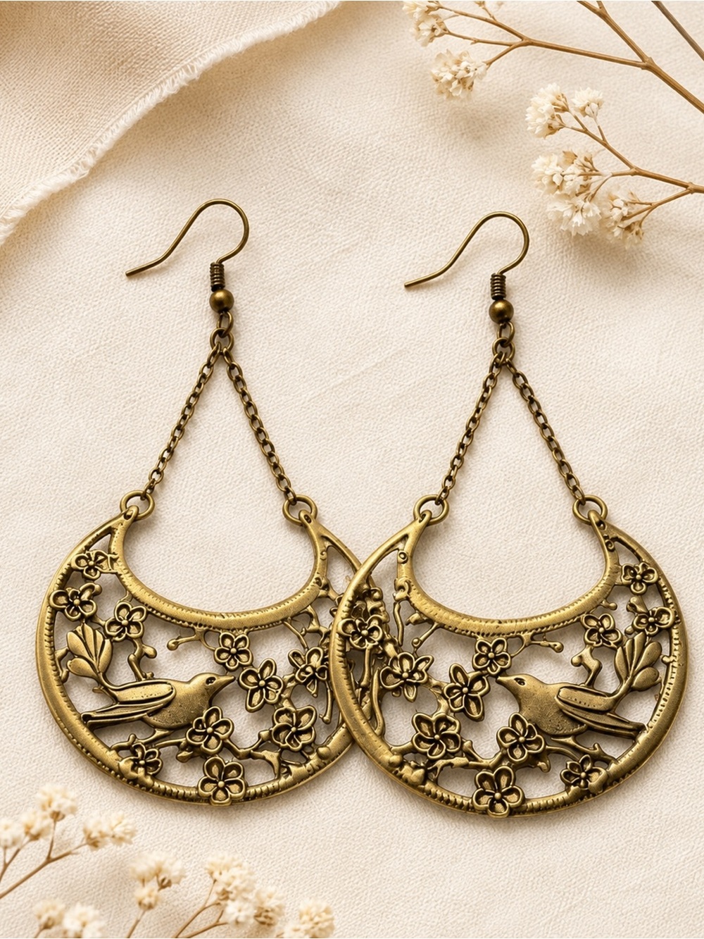 NWT Artisan Brass Bird Floral Filigree Crescent Chandelier Statement Earrings